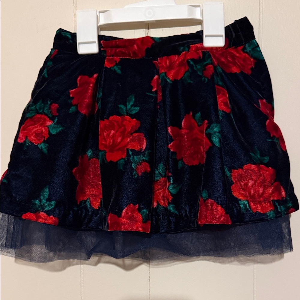 Janie and Jack Navy Velvet Mini Skirt with Red Rose Print